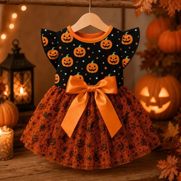 Halloween Pumpkin Print Dog Dress With Bow